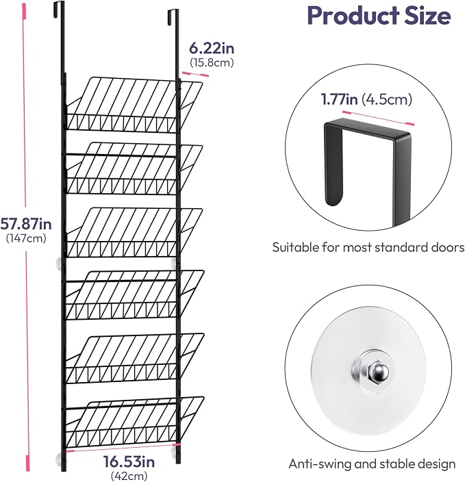 SWTYMIKI Over the Door Shoe Organizer - Adjustable 6 Tier Hanging Shoe Rack Organizer, Metal Heavy Duty Behind Door Storage or Wall Mount Shoes Shelf for Flats, Heels, Sneakers, Boots