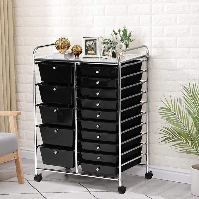 COSTWAY 15 Drawer Rolling Storage Cart, Mobile Storage Organizer | Removable Drawers & Metal Frame, Multipurpose Utility Tools Paper Organizer on Wheels for Home, Office (Black)