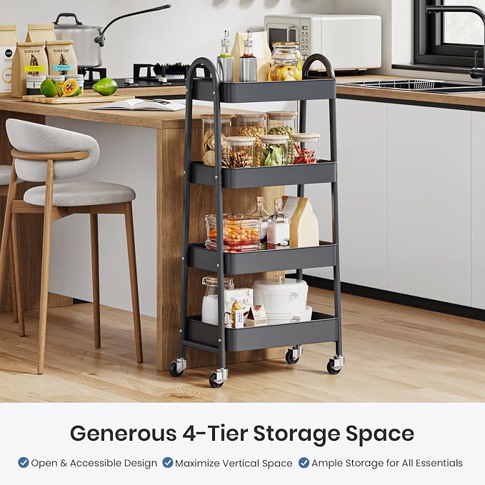DUMOS 4 Tiers Rolling Utility Cart, Storage Organizer, Shelving Unit | Metal, Lockable Wheels, Mobile, Kitchen, Bathroom, Laundry, Narrow Places, Gray