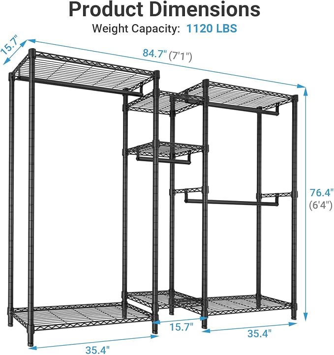 VIPEK Classic V6 Plus Wire Garment Rack Heavy Duty Clothing Rack for Hanging Clothes, Metal Freestanding Closet Wardrobe Rack Portable Clothes Rack, 84.7" L x 15.7" W x 76.4" H, Load 1120lbs, Black