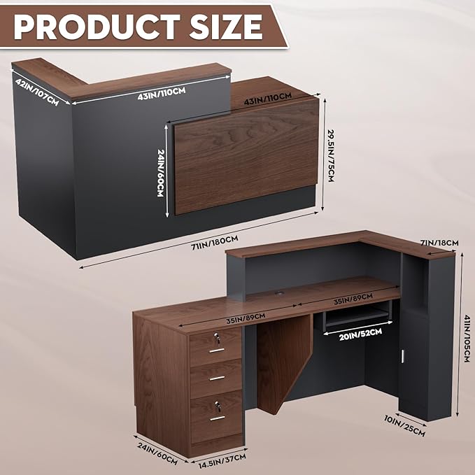 L-Shaped Large Wooden Reception Desk, Modern Front Desk Reception Counter with Lockable Drawers, Storage & Keyboard Tray for Office Lobby Checkout (Right-Brown + Black, 71''L x 34''W x 41''H)