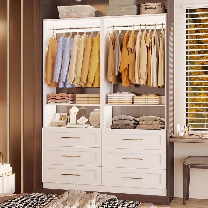 Closet System with 6 Drawers, Modular Closet Organizer System with 4 Hanging Rod, Custom Closet Storage Solution for Small Walk-In CLoset, 2 Sets, White (4FT)