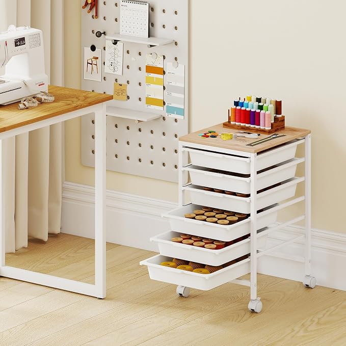 LDAILY Rolling Cart with Drawers, 6 Drawer Rolling Storage Cart with Wooden Tabletop, Metal Frame & Lockable Wheels, Craft Organizers and Storage for Home Office Classroom (White, 6 Drawer)