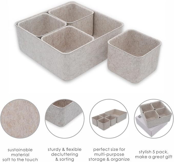 Welaxy Desk Drawer Organizers Storage bins Set Home Office Pen holder phone stand Remote controller Closet Cabinet boxes decluttering 5-piece gifts idea (Oatmeal)