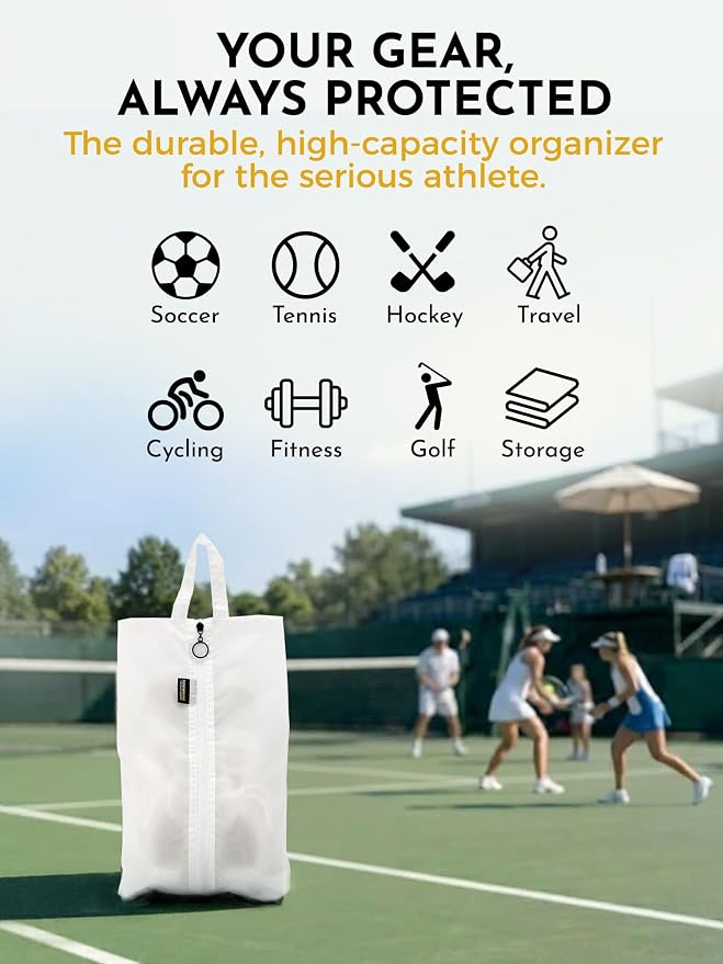 2 Pack Shoe Bags for Travel, Water-Resistant Organizers, White | 100D Composite Nylon, Translucent Design, Large Capacity, Odor and Dust Protection For Gym, Soccer, Golf, Tennis, Baseball