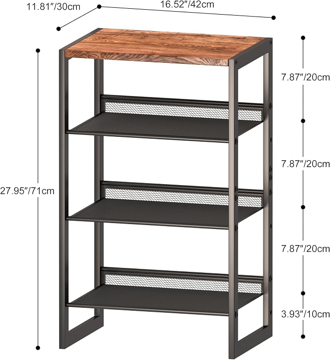 CHEMPFR Narrow 4-Tier Shoe Rack, Slim Space-Saving Shelf with Decorative Wood Top & Steel Mesh, Entryway/Closet/Dorm Organizer, 16.5x11.8x27.9 Inches