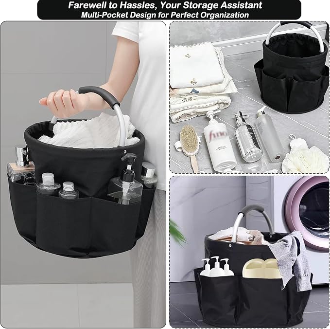 17L Foldable Cleaning Caddy with Handle, Cleaning Supplies Organizer Storage Basket with 6 Side Pockets, Portable Multi Cleaning Bucket Bag for Home Garden Bathroom Camping (Black)