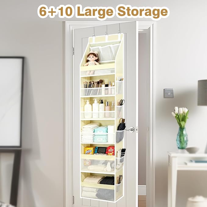 YooxArmor Over The Door Organizer, Hanging Storage with 6+10 Large Pockets, 22lbs Load Anti Tilt Behind Door Storage for Closet Bedroom Bathroom, White