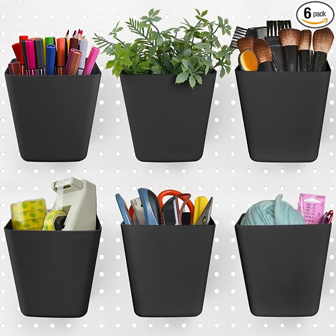 Large Pegboard Cups, 6Pack Peg Board Square Storage Bins With Hooks (Black) | Big Open-Mouth Cups, 1/8" 1/4" Pegboard Organizer Accessories, Cup Holder for Craft Garage Workbench Office Tools Supplies