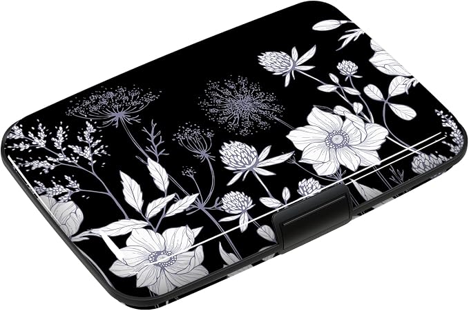 Credit Card Holder, Mini RFID Small Aluminum Card Wallet Business Card Case | Blocking Slim Metal RFID Blocking Front Pocket Wallet Hard Case Durable CC Holder for Women Girls, Black White Floral