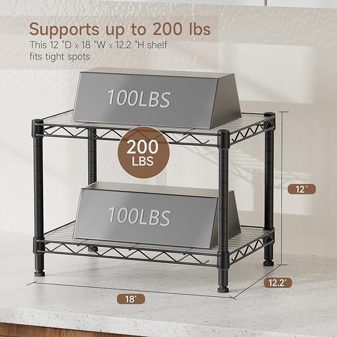 Golpart Small 2 Tier Shelves Storage Wire Shelving Unit Metal Shelf Gasket | 2 tier Shelving Adjustable Organizers Storage Shelving for Bathroom Laundry Room Kitchen Pantry 11.7”D x 17.7”W x 12”H Black