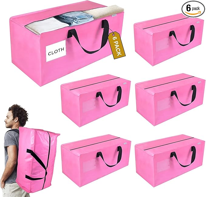 6 Pack Extra Large Moving Bags with Zippers, Backpack Straps & Reinforced Handles, Heavy Duty Storage Bags for Clothes, Moving, Space Saving, Pink