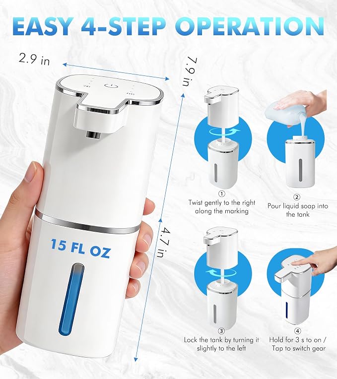 RYTOXILO Automatic Soap Dispenser Touchless, 2 Pack White Auto Soap Dispensers for Bathroom and Kitchen, 15 Fl Oz Plastic Electric Hands Free Dish Liquid Dispensers Wall Mount with 1200 mAh Battery | Touchless, Hands-Free