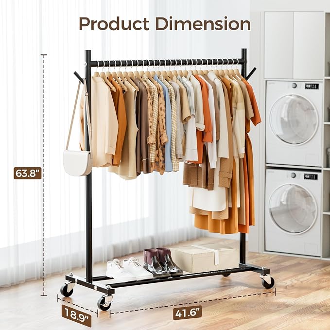 Clothes Rack, Clothing Rack for Hanging Clothes Load 280LBS, Rolling Garment Rack, Portable Coat Rack Freestanding Clothes Rack with Wheels Wardrobe Rack Easy Assembly for Bedroom Living Room, Black