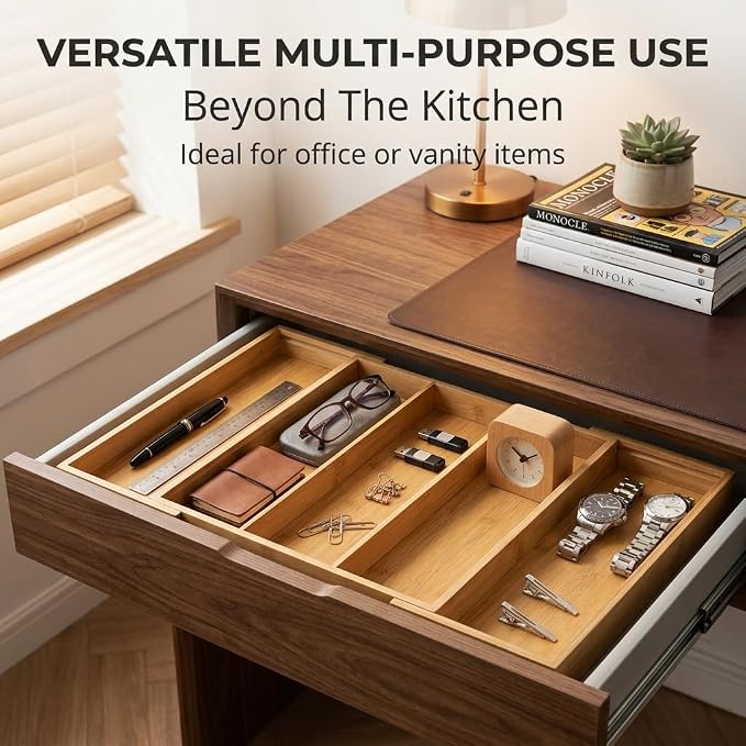 FUSHITON Expandable Bamboo Drawer Organizer, Adjustable Utensil Tray for Knives and Cutlery, Natural Wood Silverware Organizer for Kitchen, Bathroom
