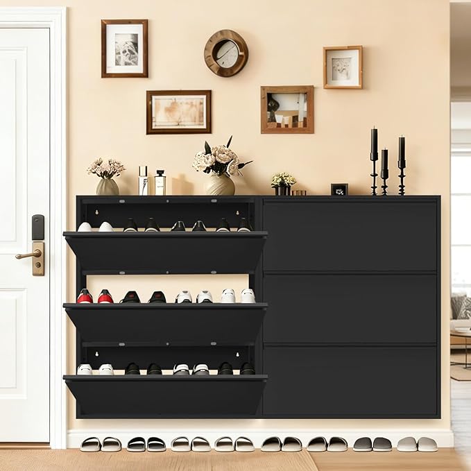 Shoe Storage Cabinet with 3 Flip Drawers, Hidden Slim Narrow Shoe Rack Cabinet, Wall Mount Metal Shoe Cabinet for Entryway, Black