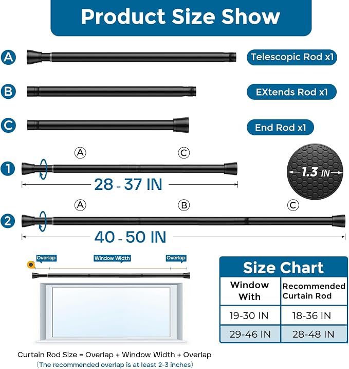 AIZESI Tension Curtain Rod 28 to 48 Inch No Drilling Adjustable, Black | Expandable Spring Loaded Curtain Rod, Rust-Resistant Stainless Steel, Shower Rods for Bathroom, Window, Doorway & Closet