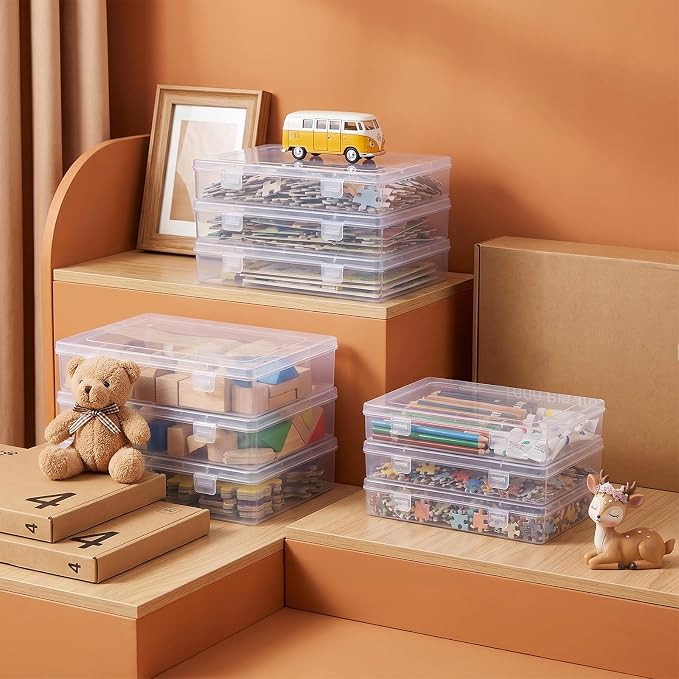 12 Pack Clear Plastic Storage Containers with Lids, 8 x 5 x 1.75 Inch Stackable Hinged Boxes, Empty Organizer for Home Office Craft Supplies, Small Parts Hardware Gadgets