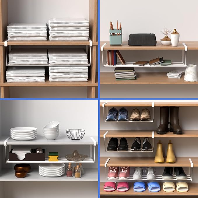 CroBlissful 4 Pcs Expandable Shoe Rack Organizer for Closet 16.5-31.5 Inch Adjustable Retractable Hanging Cabinet Shoe Shelf Dorm Room Storage for Space Saving (White)