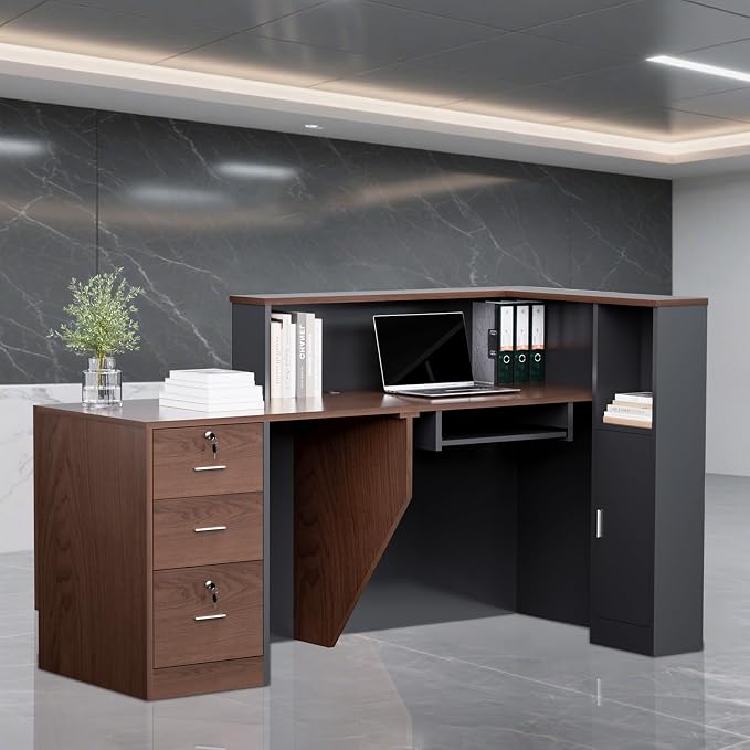 L-Shaped Large Wooden Reception Desk, Modern Front Desk Reception Counter with Lockable Drawers, Storage & Keyboard Tray for Office Lobby Checkout (Right-Brown + Black, 71''L x 34''W x 41''H)