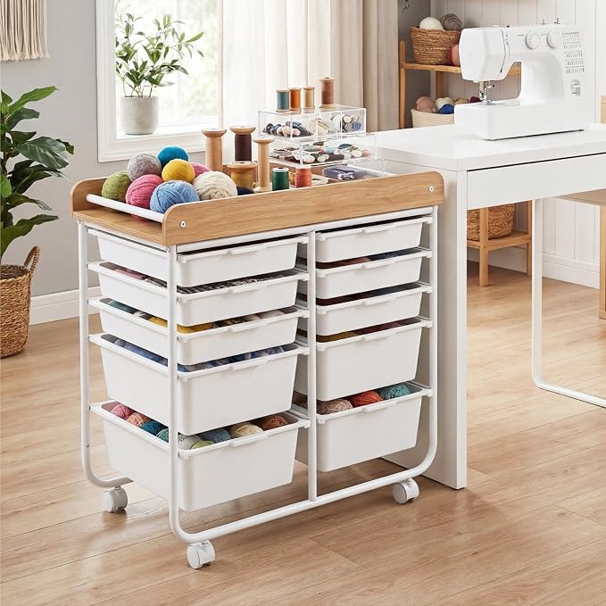 LDAILY Rolling Cart with Drawers, 10 Drawer Rolling Storage Cart with Wooden Tabletop, Metal Frame & Lockable Wheels, Craft Organizers and Storage for Home Office Classroom (White, 10 Drawer)