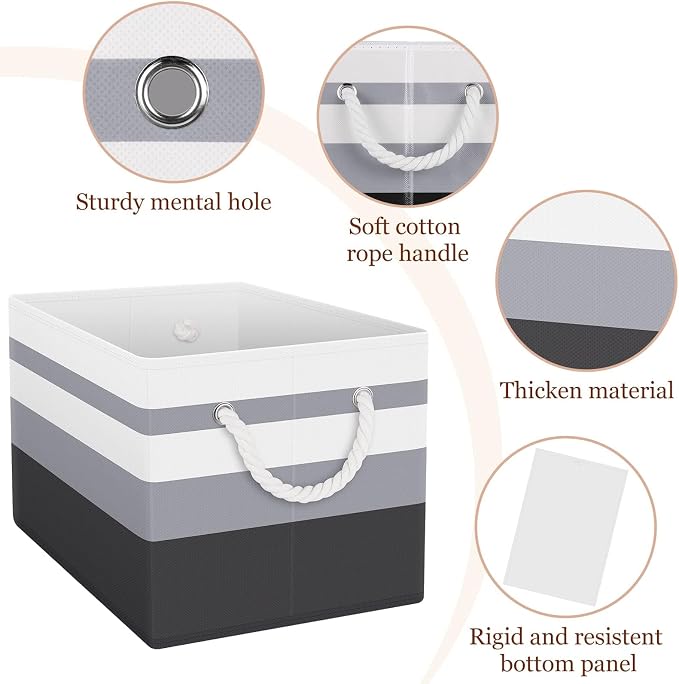 Fab totes Storage Bins 3-Pack, Foldable Storage Baskets for Organizing Toys, Books, Shelves, Closet, Large Storage Box with Rope Handles, Sturdy Organizer Bins,Gradient Grey