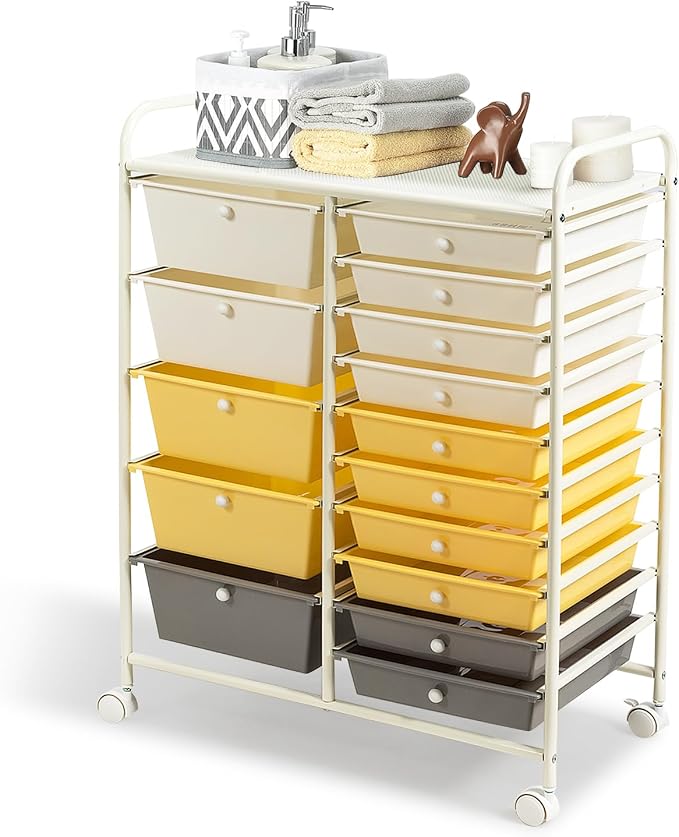 DREAMADE Rolling Cart with 15 Drawers, Lockable Wheels, Removable & 2-Sized Storage, Art Cart for School, Home, Crafts, Scrapbook (Yellow)