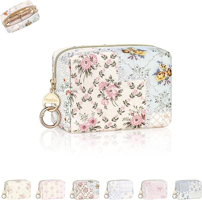 Quilted Mini Makeup Bag, Cute Small Cosmetic Bag for Purse, PJ-Y | Floral Travel Makeup Pouch, Make Up Pouch for Women, Purse Organizer Pouches for Travel/ Gym/ Daily Use, Perfect Gifts
