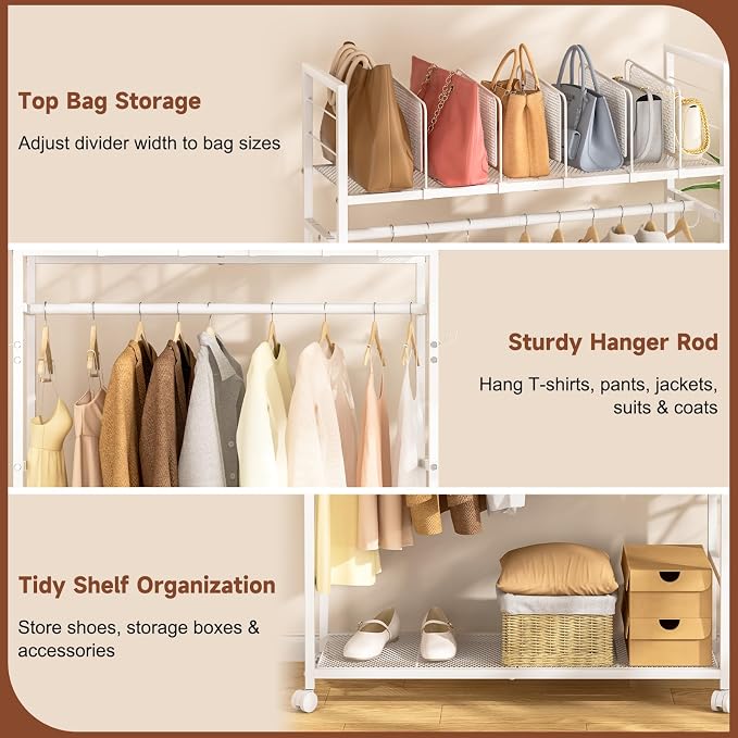 Portable Clothes Rack with Adjustable Shelf Divider, Freestanding Closet Organizers and Storage, Garment Rack and Purse Storage with 8 Hooks, Clothes Organizer on Wheels for Hanging Clothes, White