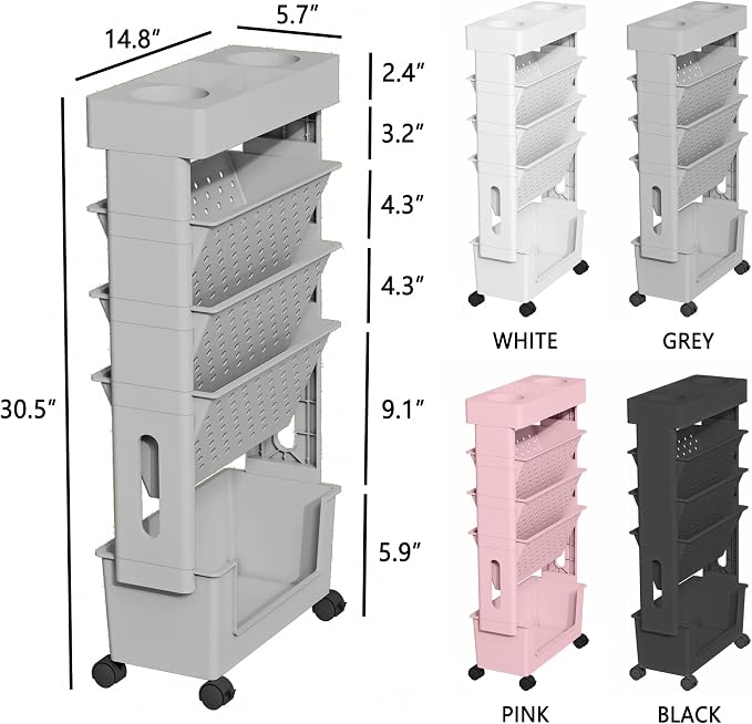 5-Tier Rolling Bookshelf Magazine Rack with Wheels Gray | Mobile Bookcase, Book Storage File Folder Organizer Cart for Home Study Office Living Room Classroom