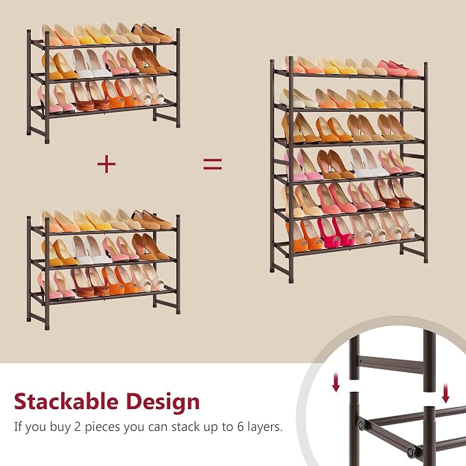 Tajsoon Expandable Shoe Rack for Closet 3 Tier, 28“-41“Stackable, Bronze | Adjustable Shoe Organizer Closet Shoe Rack Floor, Metal Long Shoe Shelf Storage for Entryway, Garage, Front Door Entrance