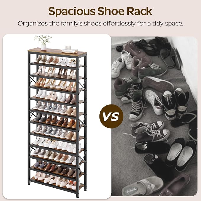 YATINEY 12-Tier Tall Shoe Rack Organizer, Wooden Shoe Storage for Closet Holds 48 Pairs, Sturdy Shoe Shelf with X-Shaped Metal Support, for Entryway, Bedroom, Rustic Brown and Black SS212BR