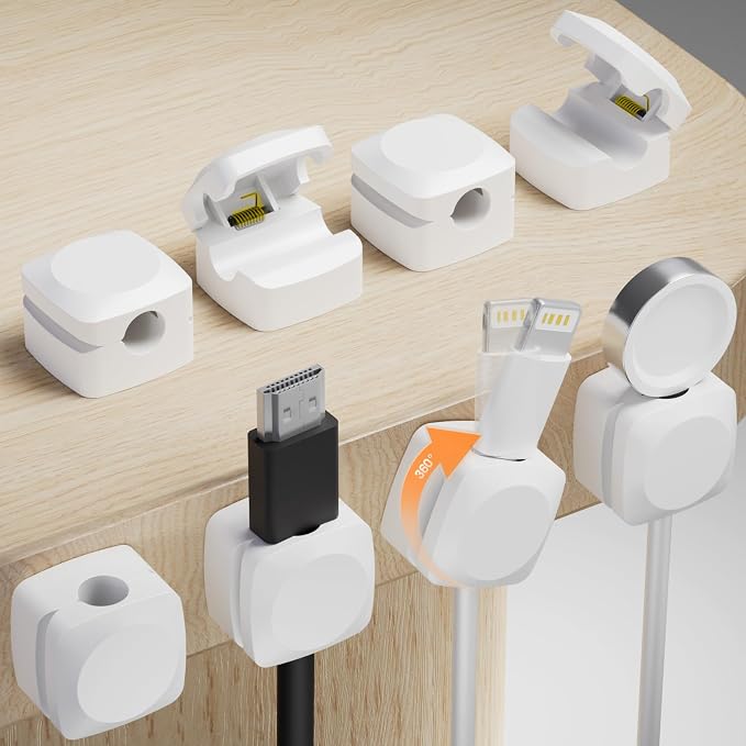 Lancord 8 Pack Cord Organizer Holder, Rotatable Cable Clips, Spring Cord Holder for Nightstand Adhesive Cable Organizer, Cable Management Clips Charging Cord Organizer (White, Square)