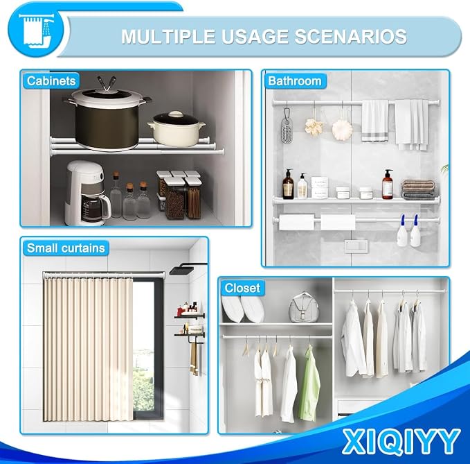 White Tension Rod 28-48 Inch, Small Shower Curtain Rod, Adjustable | Short Shower Rod with Heavy Duty Spring Design, Suitable for Windows, Doors and Bathroom Use