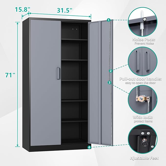 SISESOL Storage Cabinet with Doors and Shelves,71" Metal Storage Cabinet with Lock,5 Adjustable Shelf, Steel Lockers for Home Office,School,Shop,Garage Tool Utility Cabinets