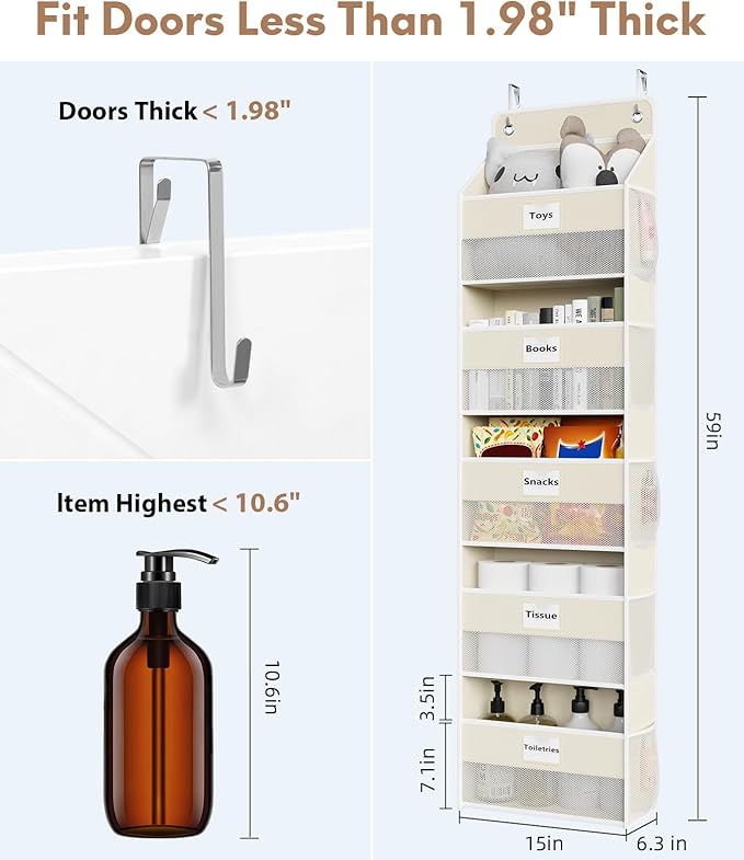 Optish Over The Door Organizer Hanging, 2 Pack 5 Shelf Behind The Doors Storage, Pantry Door Organizer, Closet Organizers for Bedroom and Nursery (Beige)