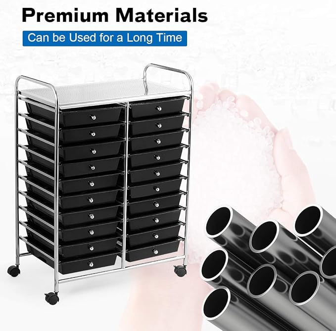 LDAILY 20-Drawer Rolling Storage Cart, Rolling Storage Cart, Storage Organizer on Wheels, Metal Frame, Scrapbook Paper Tools, Suitable for Office School, Classroom (Black, 20 Drawer)