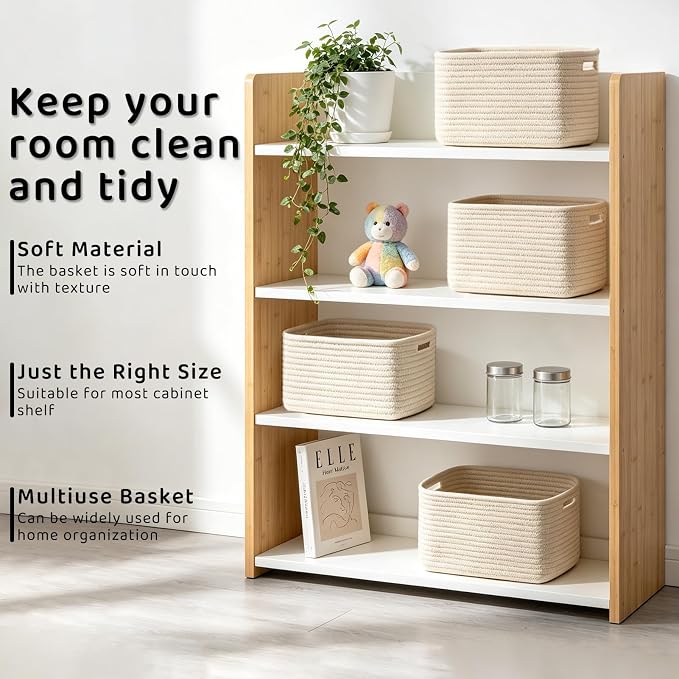 4 Pack Storage Baskets for Organizing, 11''Lx9''Wx8''H Woven Baskets for Storage Toys, Towels, Books, and Clothes, Cotton Rope Basket for Shelves with Handle White & Brown