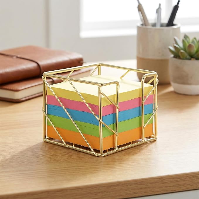 Sticky Note Holder, Multifunctional Sticky Notes Holder 3.9x3.9 Inches Desktop Organizer, Gold Desk Accessories, Metal Gold Office Supplies for Home Office Decor