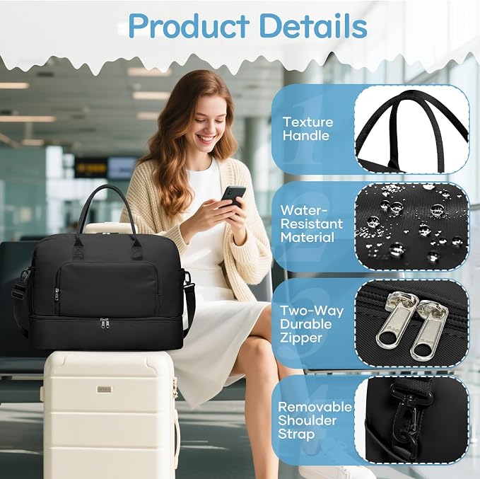 Travel Duffle Bag,Weekender Bags for Women with Shoe Compartment Personal Item Travel Bag Carry on Overnight Bags For Airplanes Gym Duffel Bag with Wet Pocket Hospital Bag for Labor and Delivery Black