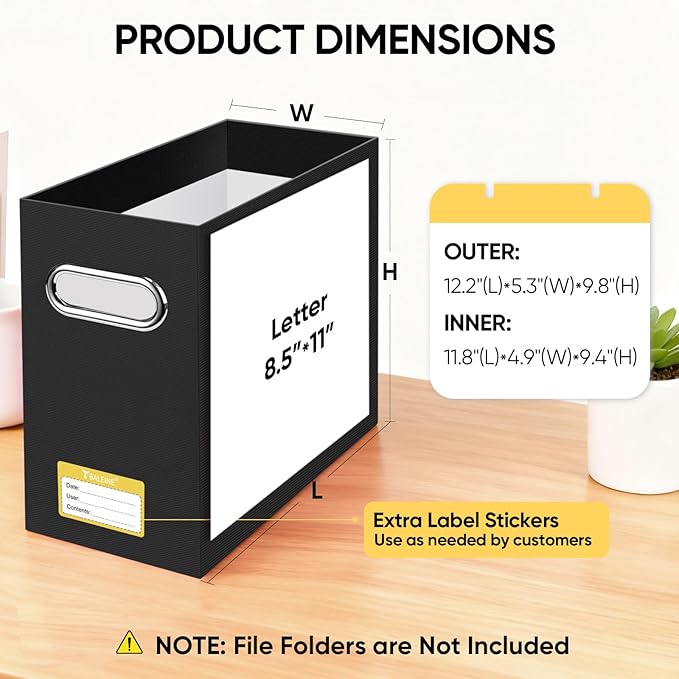 BALEINE File Organizer Box, Cardboard File Folder Organizer with Handle for Letter Size, Portable Collapsible Hanging Filing Box for Home Office Document Storage (8 Pack, Black)