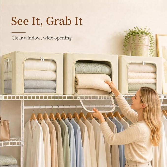 GoMaihe 3 Opening Clothes Storage Bins with Metal Frame, 40L Sweater Storage Organizer for Upper Shelf Closet Storage Boxes with Clear Window for Hoodies Jeans Towel 6-Pack Beige