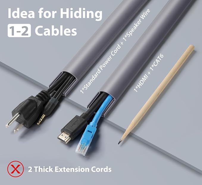 ZhiYo 85in Cord Covers for 1-2 Wires on Wall, D-Shaped 1" W x 0.4" H, Grey | Curved Design, Low-Profile Cord Hider, Self-Adhesive Cable Management Raceway for Wall-Mounted TV Wires, 6 Pack (14.2" Each)