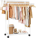 Sakugi Double Rods Clothes Rack - Metal Clothing Rack with Fixed Double Rods, Rolling Wheels & Built-In Shelf for Closet, Bedroom, Laundry Storage (39" x 17" x 60", White)