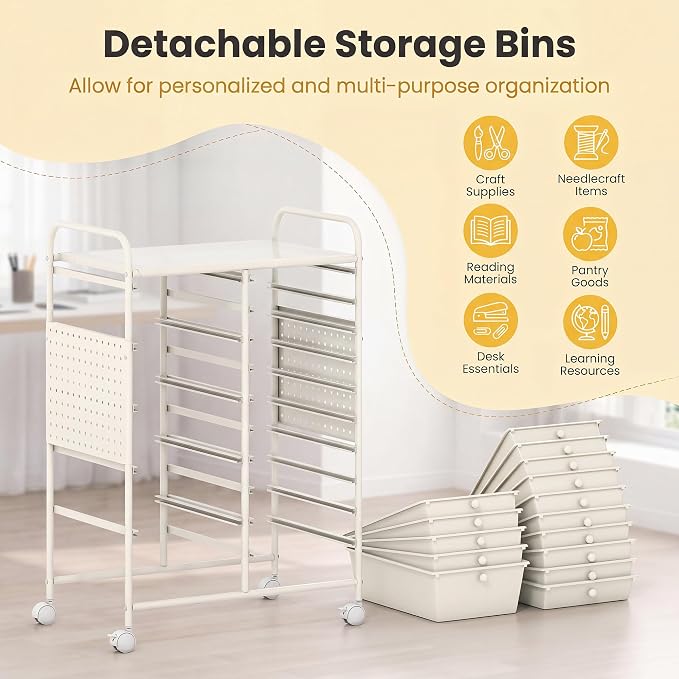 DREAMADE 15-Drawer Rolling Storage Cart, Craft Organizer Cart, White | Mobile Utility Cart with Metal Pegboard Panels, Tabletop and Lockable Wheels for Classroom, Office, Studio and Playroom