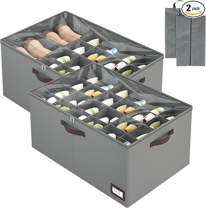 OIAHOMY 2 Pack Shoe Organizer for Closet, Large Foldable Shoe Storage Bins with Dividers and Reinforced Handles, Each Clear Cover Sneaker Box Fits Up to 24 Pairs for Entryway and Bedroom, Grey