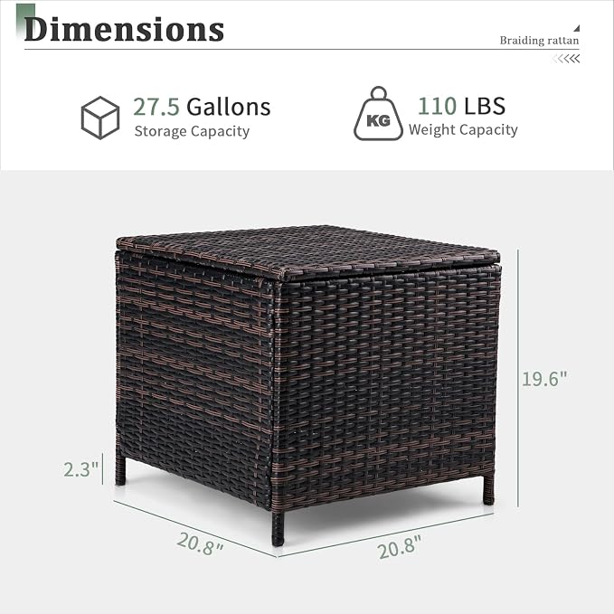 VINGLI 27 Gallon Outdoor Deck Box, Wicker Outdoor Storage Box with Lid, Small Storage Bin Container for Outside and Patio, Patio Rattan Side Table for Yard Porch (Brown, Square)