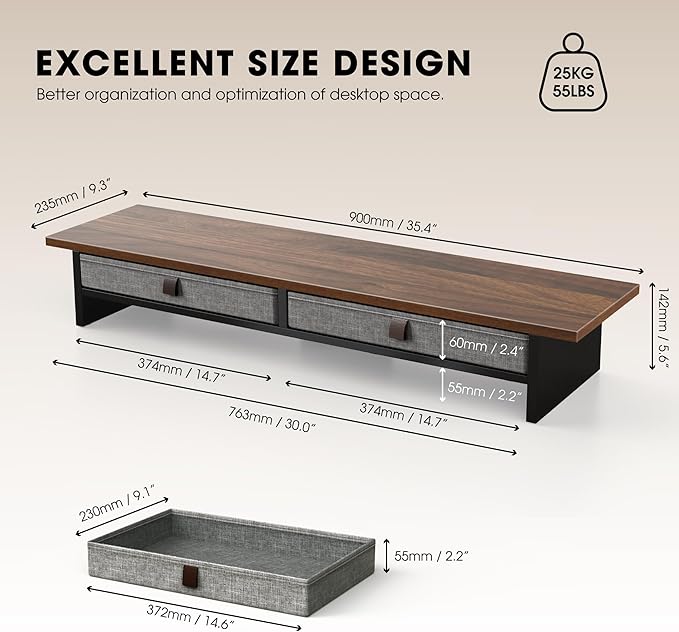 Fenge 35 Inch Monitor Stand with Drawer Storage, Computer Riser for Desk | Wooden Computer Shelf, 2 Tiers, for Dual Monitor/Laptop/PC/TV/Printer up to 55Lbs, Home Office Desk Organizer