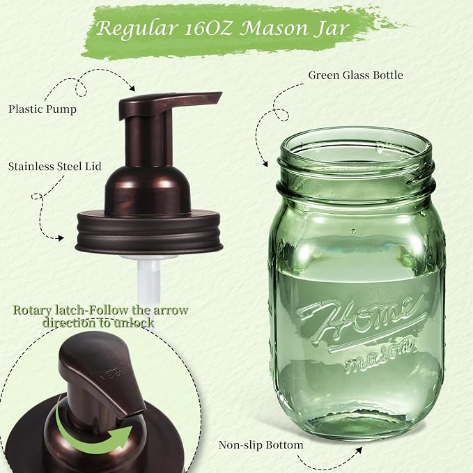 Amolliar Mason Jar Foaming Soap Dispenser, 16OZ Green Glass Hand Soap Dispenser, Plastic Pump & Stainless Steel Lid, Kitchen Dish Soap Bathroom Accessories, Farmhouse Soap Pump Bottle, Bronze 1 Pack