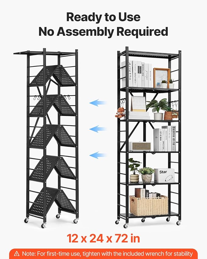 VEVOR 6-Tier Foldable Storage Shelf, 24W x 12D x 72H Inch Folding Metal Rack Shelving Unit, No Assembly Organizer Shelf with 5 Wheels & 4 Hooks for Pantry, Kitchen, Garage, Basement, Black